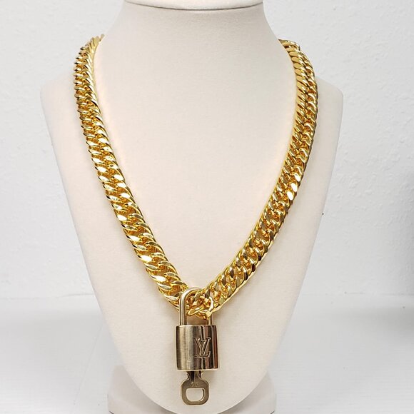 Authentic Louis Vuitton Padlock w/unbranded Cuban Style 18k Gold Plated Chain - Picture 1 of 15